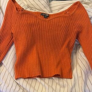 Orange Off-Shoulder Ribbed Sweater